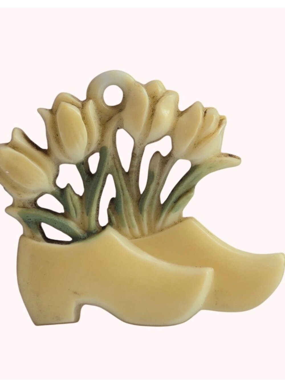 Vintage celluloid Dutch clog with tulips pendant early plastic jewelry 1940s